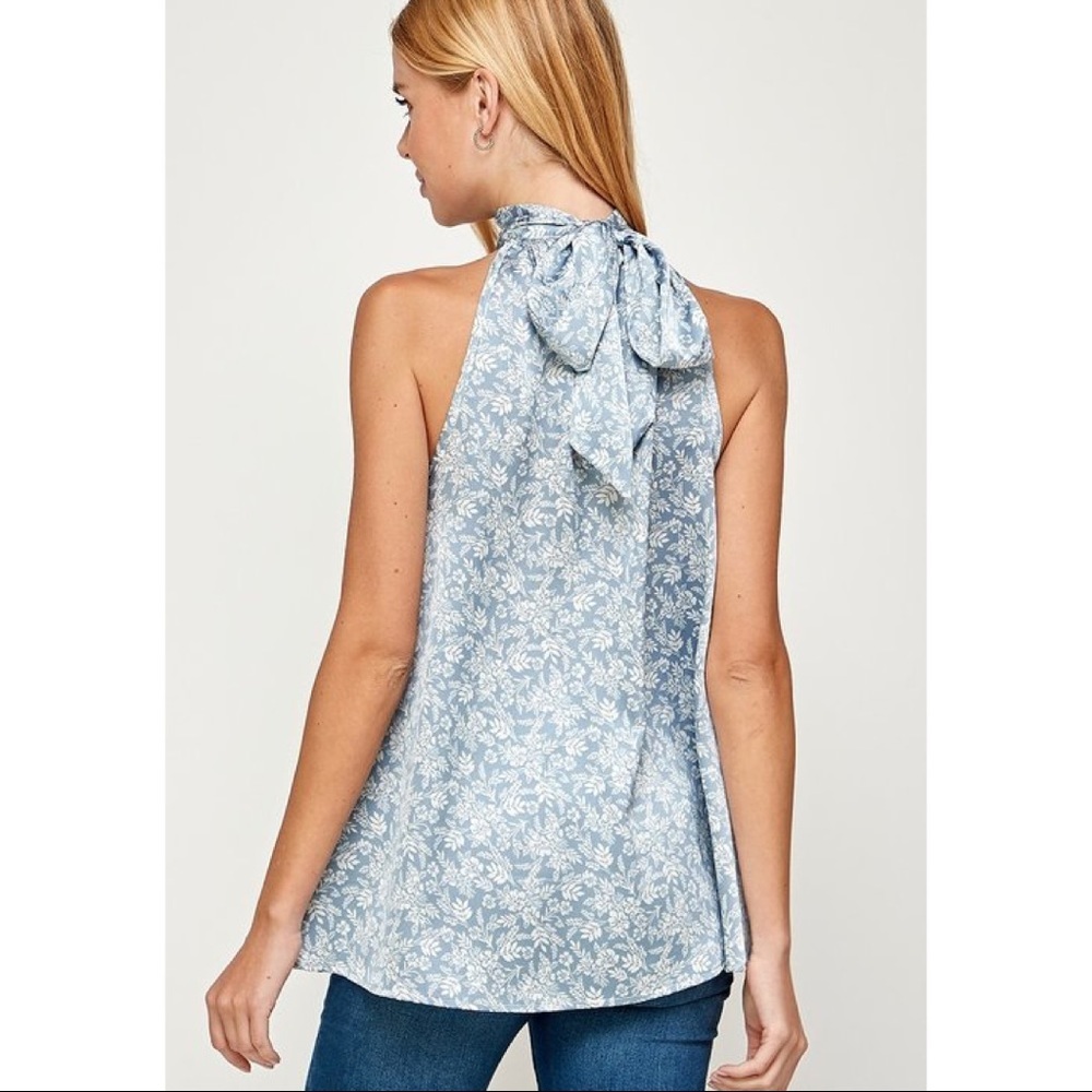 Floral Back Bow Keyhole Sleeveless Blouse